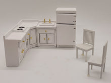 Load image into Gallery viewer, Dollhouse Miniature ~ 1:24 Scale, Handmade White Wooden Kitchen Set with 2 Chairs
