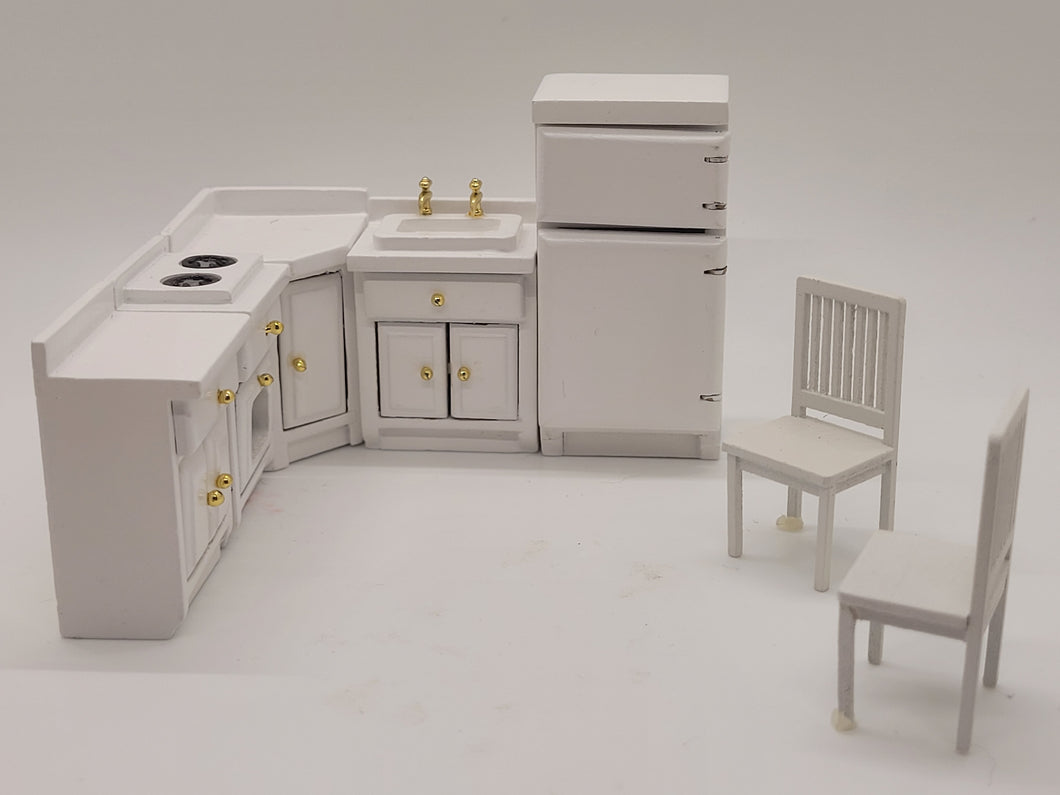 Dollhouse Miniature ~ 1:24 Scale, Handmade White Wooden Kitchen Set with 2 Chairs