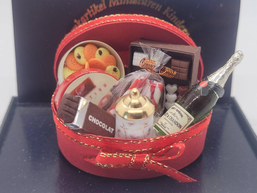 Dollhouse Miniature ~ 1:12 Scale, Christmas Food Gift Basket with Candies and Champagne