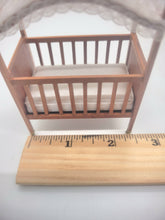 Load image into Gallery viewer, Dollhouse Miniature ~ 1:24 Scale, Crib on Wheels with Lace Canopy - Signed &#39;Godfrey&#39;
