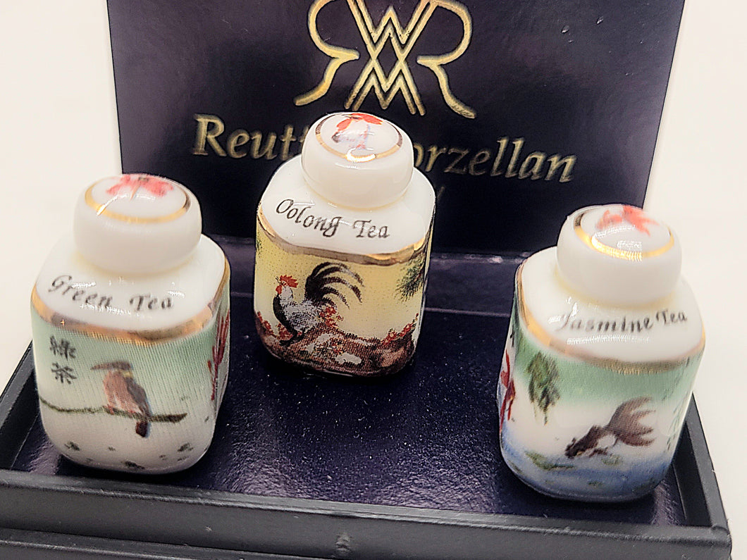 Dollhouse Miniature ~ 1:12 Scale, Three Labeled Tea Jars by Reutter Porcelain