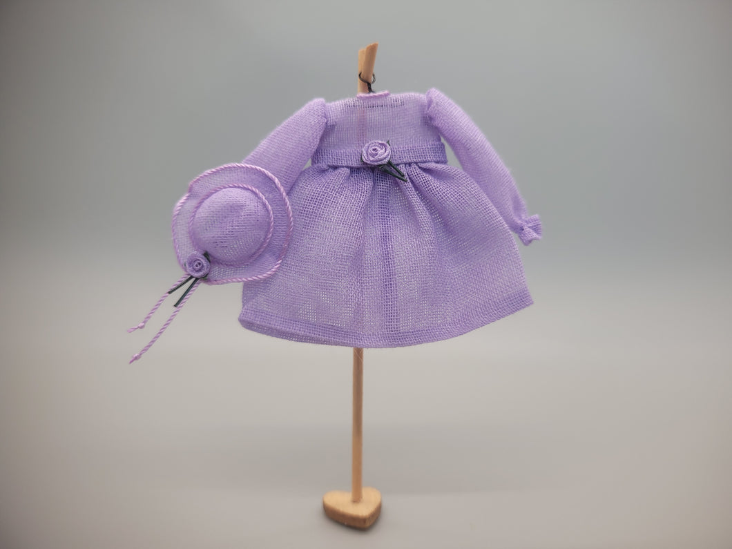 Purple Dress with Matching Hat on Wooden Stand – by Cheryl Warder