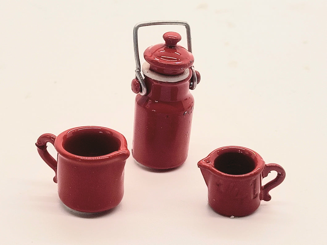 Dollhouse Miniature ~ 3 piece Dora Kuhn Red Camping Mug and Tumbler Set