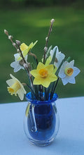 Load image into Gallery viewer, Daffodils in Blue Glass Vase
