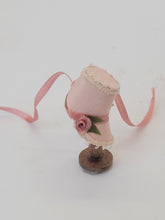 Load image into Gallery viewer, Handmade Baby Pink Dress &amp; Matching Hat on Wooden Stand
