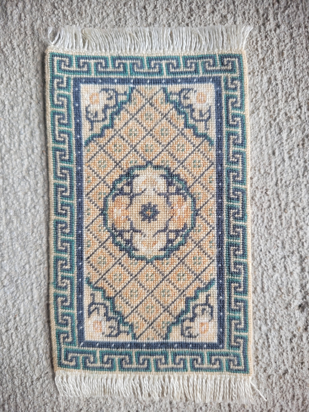 Dollhouse Miniature ~ Petit Point Geometric Beige and Blue Rug w/ Center Medallion - Ursula Sauerberg