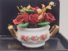 Load image into Gallery viewer, Dollhouse Miniature ~ 1:12 Scale, Roses and Wheat in Rose Pot with Golden Handles, by Reutter Porcelain
