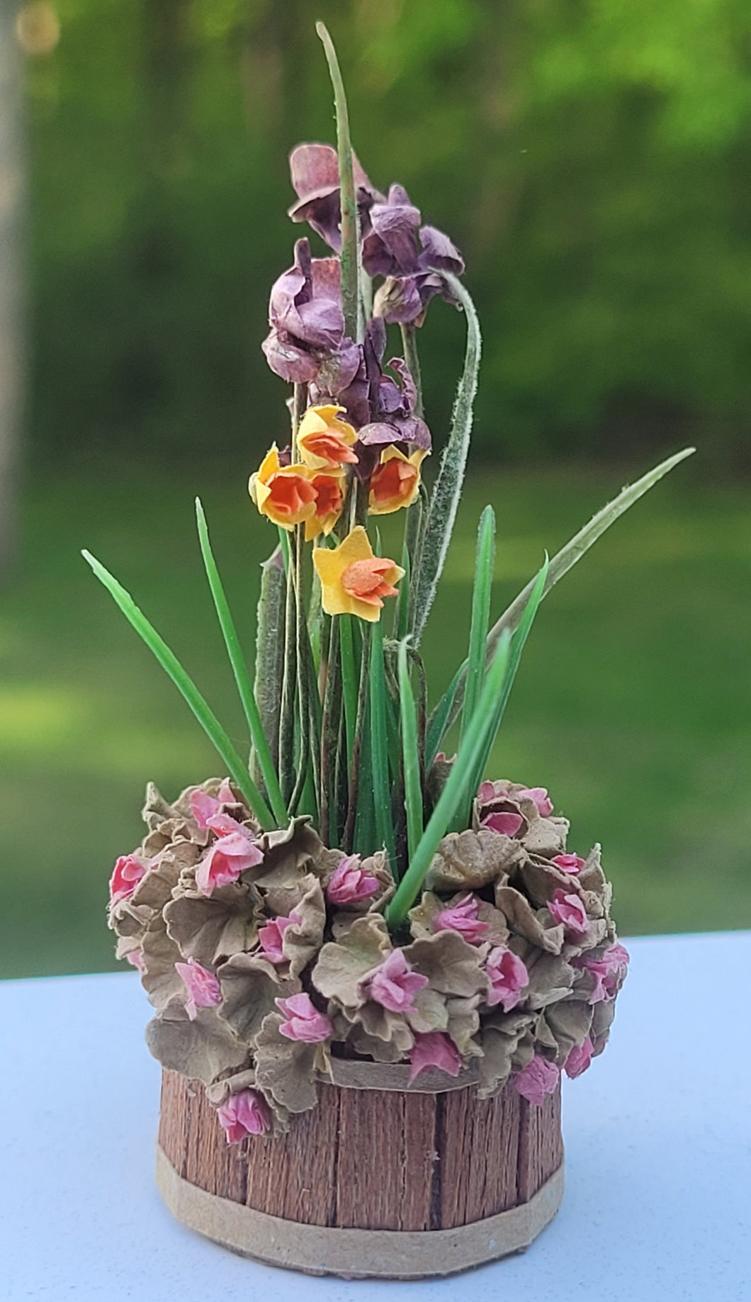 Iris and Daffodil potted in Wooden Barrel