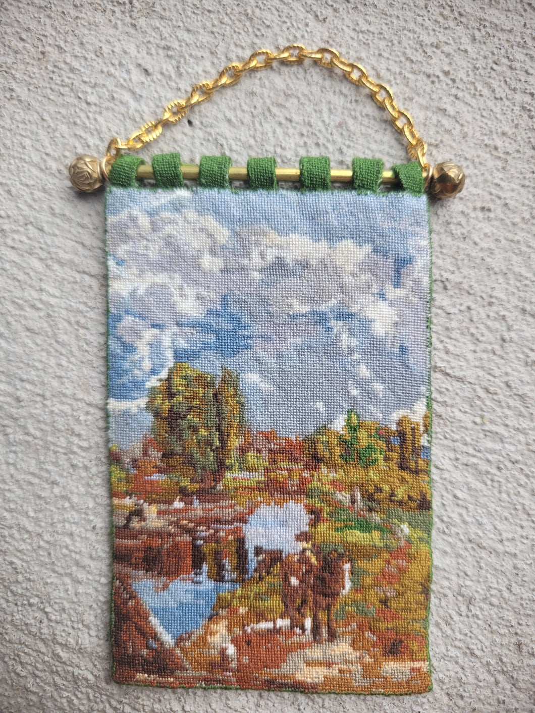 Dollhouse Miniature ~ Petit Point Victorian Rural Village Scene Hanging Tapestry - Ursula Sauerberg