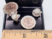 Load image into Gallery viewer, Dollhouse Miniature ~ 1:12 Scale, 5pc Tea Set w/ Pink Rose and Gold-Trimmed Plates - by Reutter Porcelain
