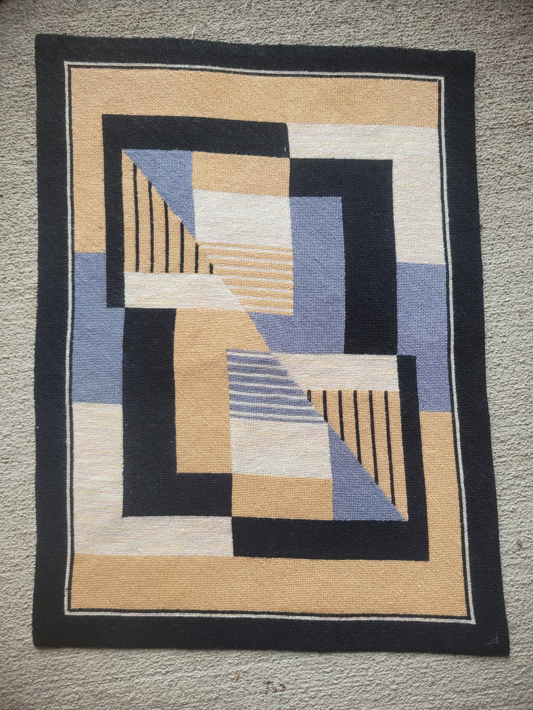 Dollhouse Miniature ~ Petit Point Black, Burnt Orange, Tan, and Blue Geometric Modern Rug - Ursula Sauerberg