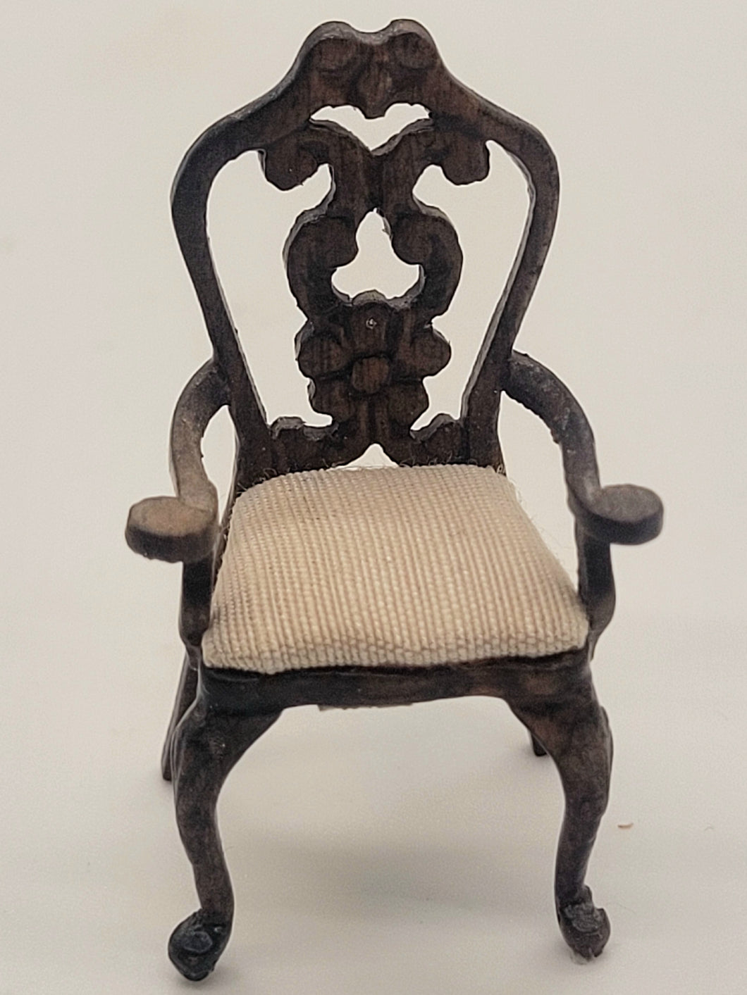 Dollhouse Miniature ~ 1:24 Scale, Wooden Arm Chair with Cream-Colored Cushion