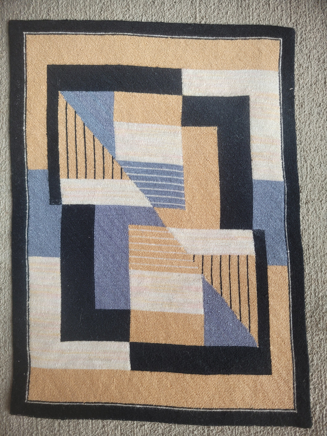 Dollhouse Miniature ~ Petit Point Geometric Modern Black and Beige Rug - Ursula Sauerberg