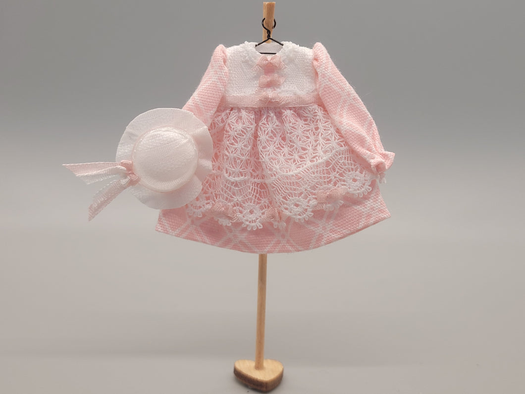 Pink Argyle Dress with White Lace and Pink Bows & Matching Hat – by Cheryl Warder