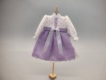 Load image into Gallery viewer, White and Pink Polka Dot Dress with Purple Bottom Half on Wooden Stand – by Cheryl Warder
