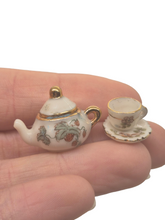 Load image into Gallery viewer, Nancy Duden – Porcelain Strawberry Vine Pattern Teapot w/ Cup and Saucer Set
