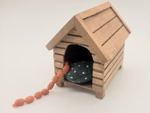 Load image into Gallery viewer, Dollhouse Miniature ~ 1:12 Scale, Wooden Dog House with Sausage Link and Bed

