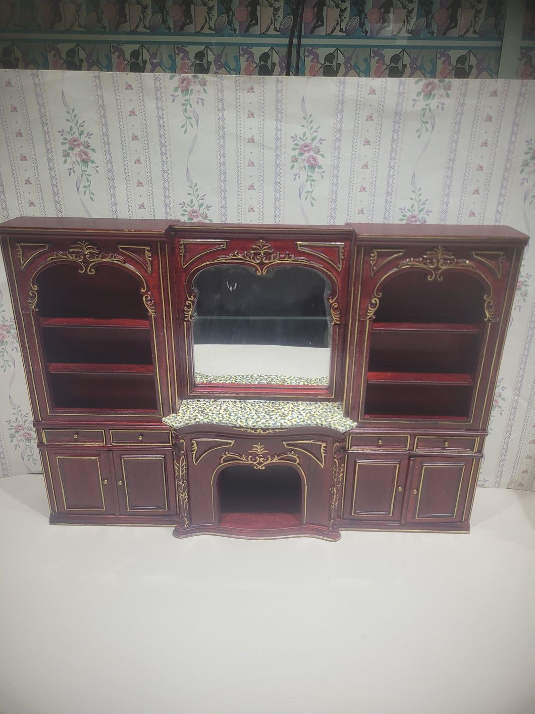 Fireplace Wooden Bookshelf Wall w/ Mirror Hand-Painted