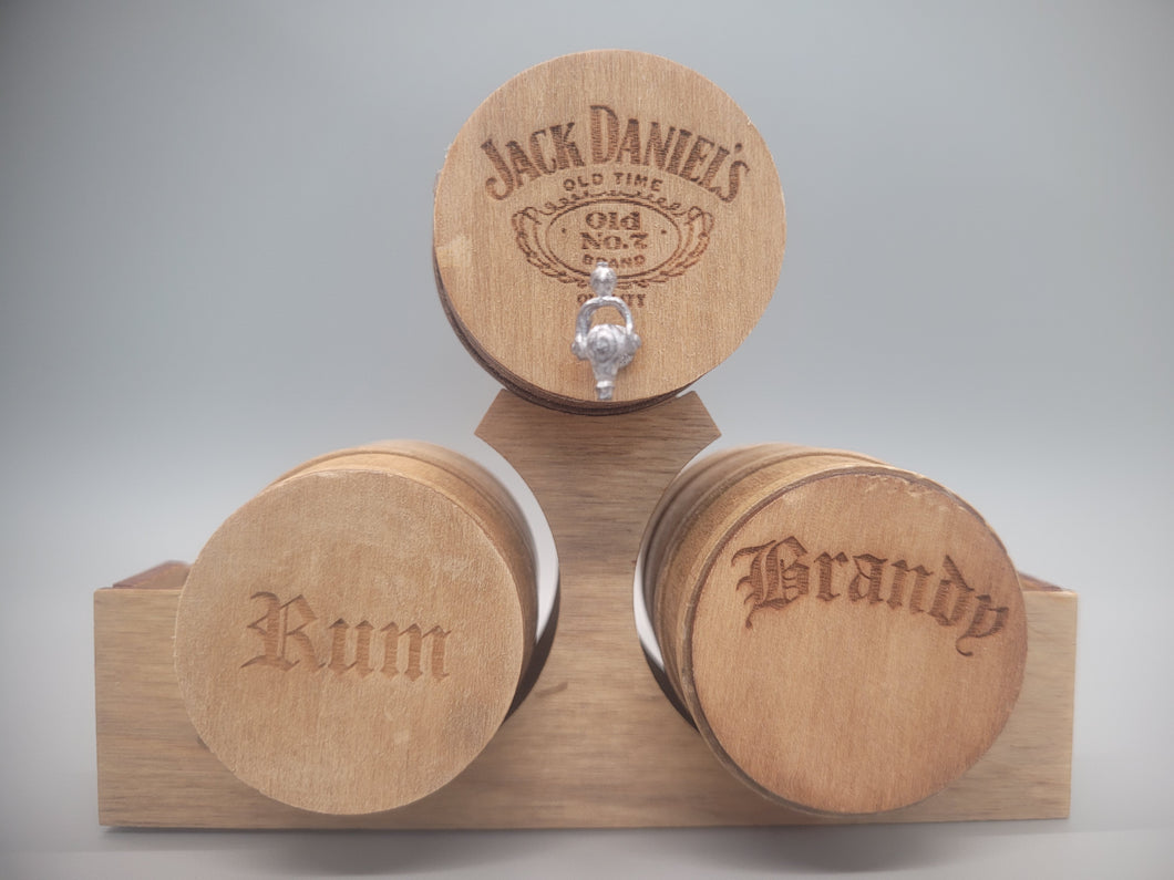 Large Triple Wooden Barrel Display Set - Jack Daniel's Rum, and Brandy Set