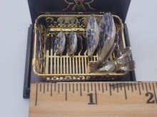 Load image into Gallery viewer, Dollhouse Miniature ~ 1:12 Scale, Blue Floral China Plate in Golden Drying Rack with Silverware
