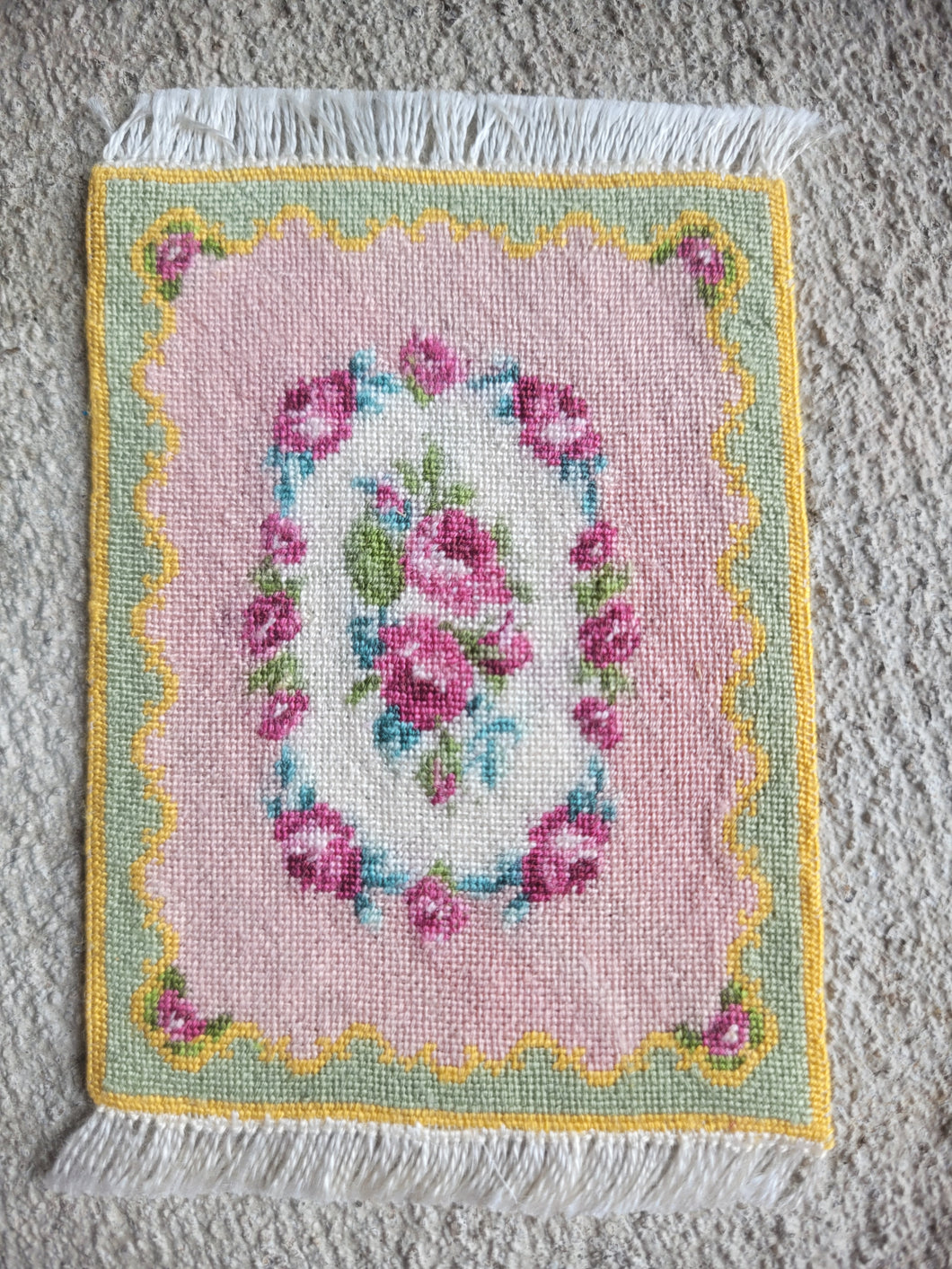 Dollhouse Miniature ~ Petit Point Vintage Ladies Room Rose Rug - Ursula Sauerberg