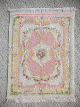 Load image into Gallery viewer, Dollhouse Miniature ~ Petit Point Coral &amp; Cream Ornamental Rug with Rococo Flourishes and Central Bloom- Ursula Sauerberg

