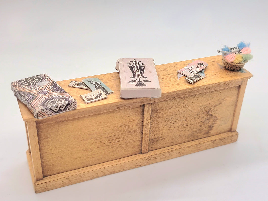 Wooden Table with Ladies Yarn and Boxes