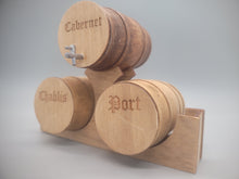 Load image into Gallery viewer, Large Triple Barrel Wooden Display Set - Cabernet, Chablis, and Port Wine
