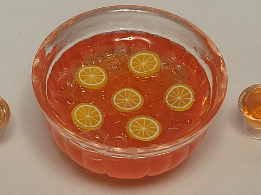 Oranges in Pink Punch Bowl with 8 Glasses