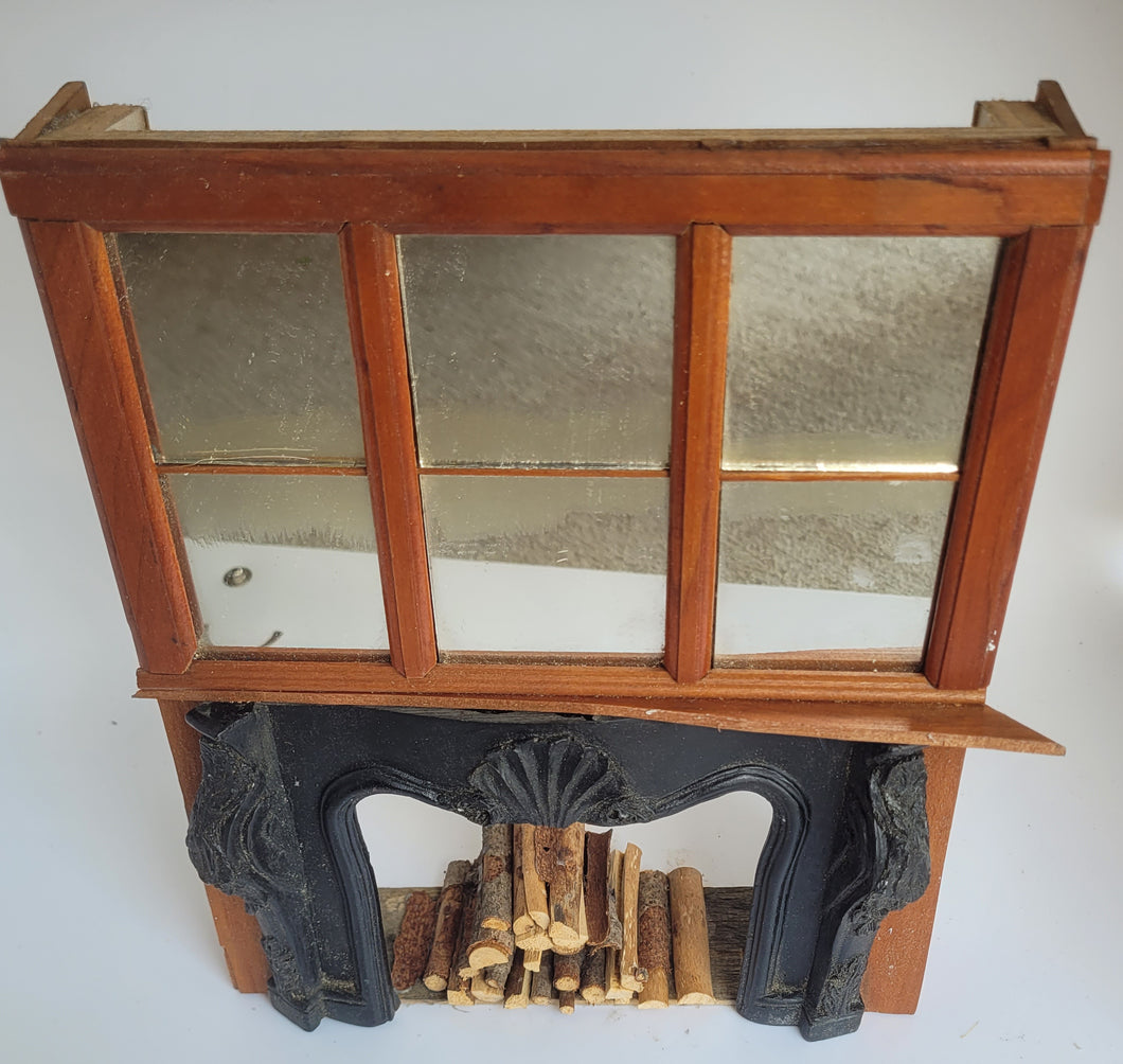 Large Wooden Fireplace & Mirror Mantle with Logs (As Is)
