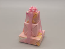 Load image into Gallery viewer, 3 Tier Presents Wrapped in Pink and Yellow Paper with Pink Bow
