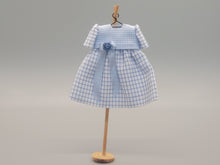 Load image into Gallery viewer, Plaid Blue and White Dress with Rose Bow on Wooden Stand - by Cheryl Warder
