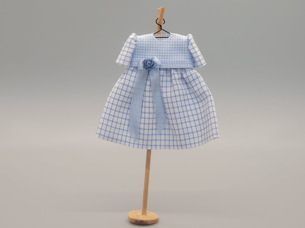 Plaid Blue and White Dress with Rose Bow on Wooden Stand - by Cheryl Warder