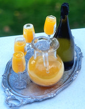 Load image into Gallery viewer, Mimosas with Champagne, Glass Pitcher, and Glass Flutes on Metal Platter
