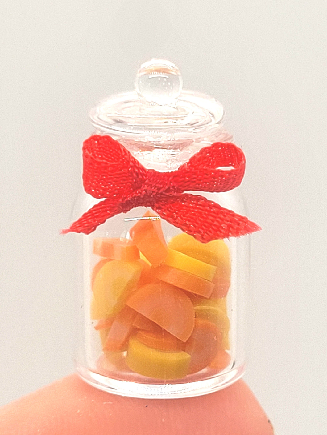 Dollhouse Miniature ~ 1:24 Scale, Orange and Lemon Slices in Glass Jar with Red Bow