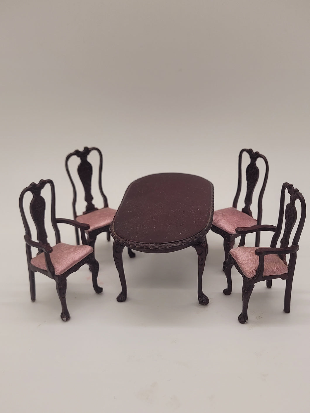 5pc Handmade Formal Dining Set with Pink Velvety Chair Cushions, 1:24 Scale