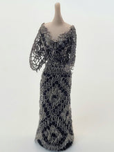 Load image into Gallery viewer, Handmade Black and Silver Dress on Porcelain Mannequin

