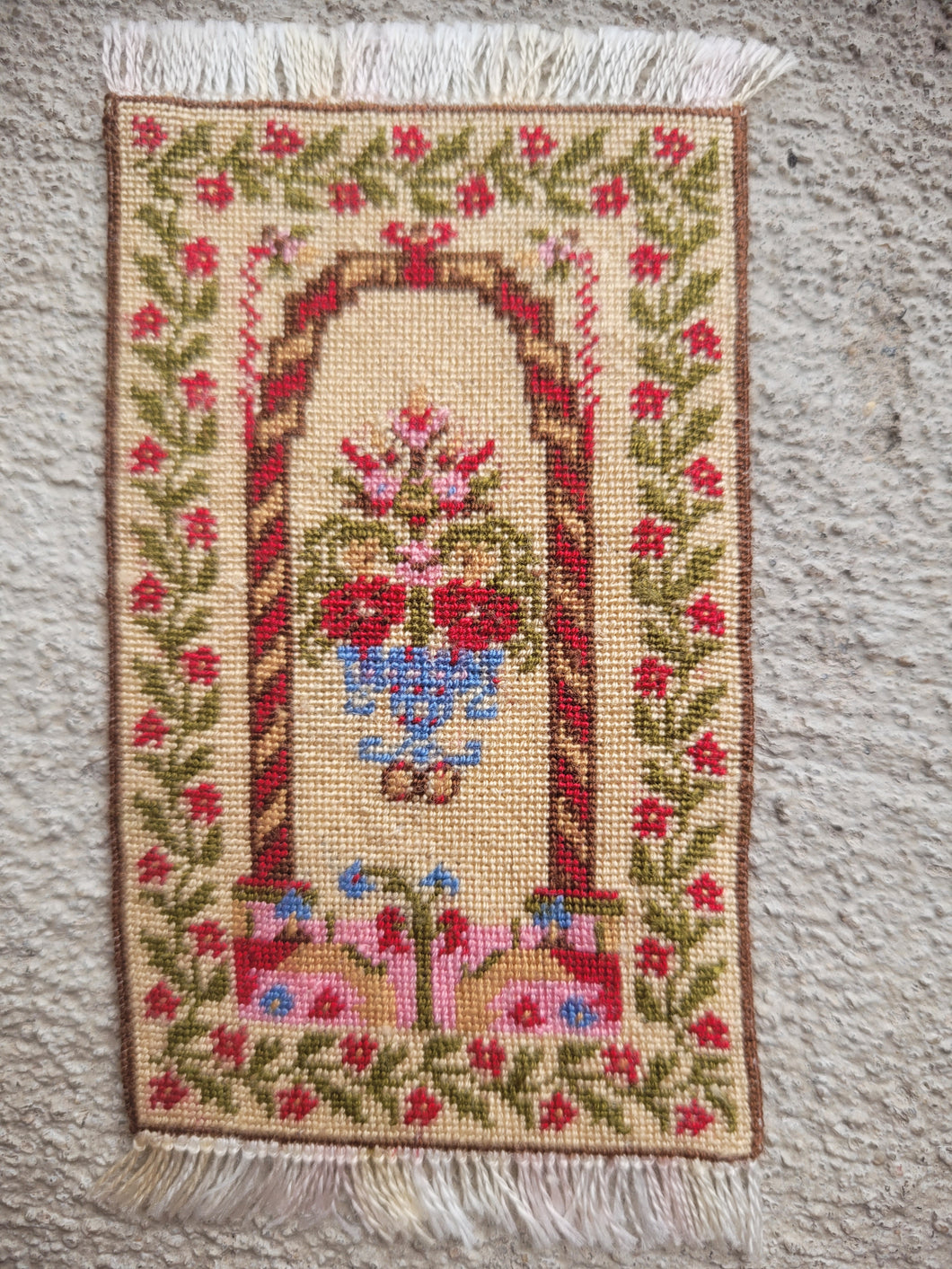 Dollhouse Miniature ~ Petit Point Flower Medallion with Arch and Floral Border Rug - Ursula Sauerberg