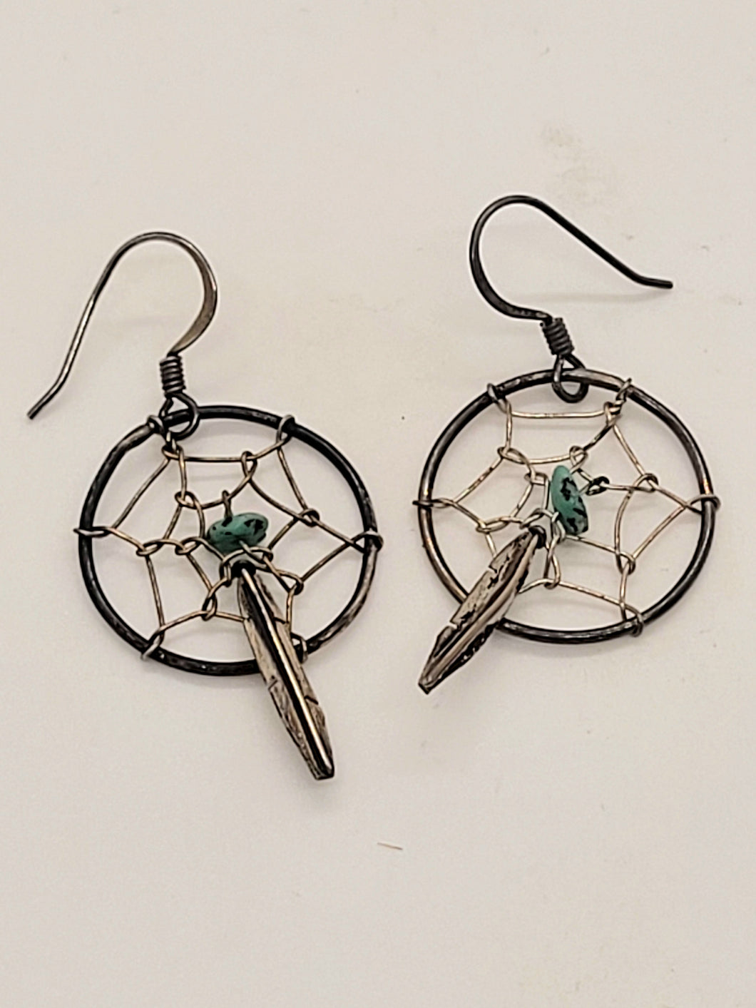 Set of Metal Dreamcatcher Earrings with Stone and Metal Feather - 2pc