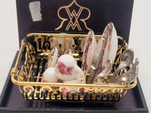 Load image into Gallery viewer, Dollhouse Miniature ~ 1:12 Scale, Floral, Gold-Trimmed Dishware and Silverware in Golden Drying Rack, by Reutter Porcelain
