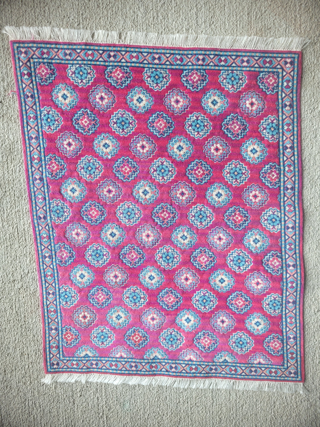 Dollhouse Miniature ~ Beautiful Fuschia Colored & Blue Petit Point Rug by Ursula Sauerberg