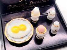 Load image into Gallery viewer, Dollhouse Miniature ~ 1:12 Scale, Fried Eggs, 2 Eggs in Egg Dish, and Salt &amp; Pepper by Reutter Porcelain
