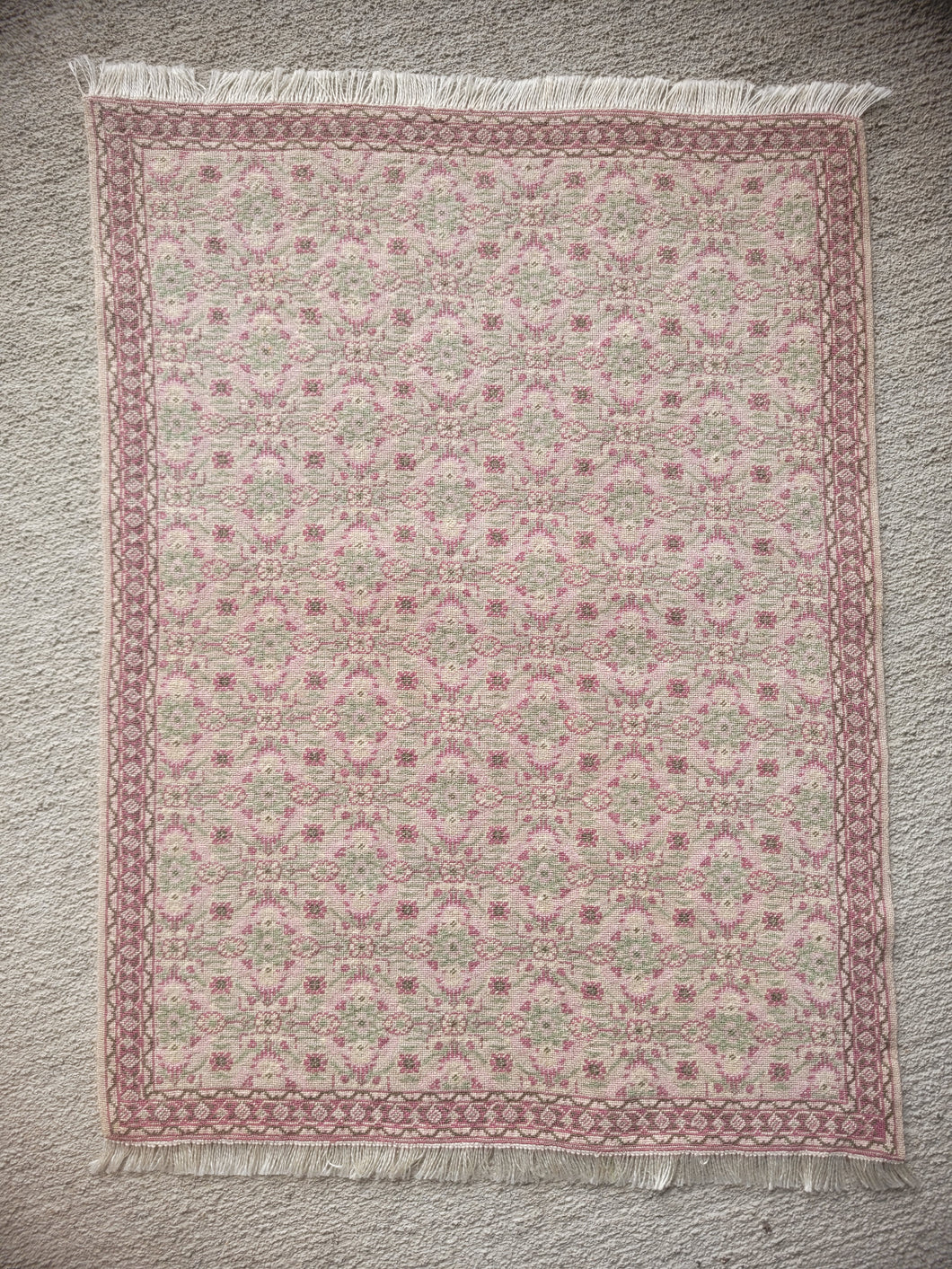Dollhouse Miniature ~ Petit Point Floral Row Pattern Rug Faded Greens and Pinks - Ursula Sauerberg