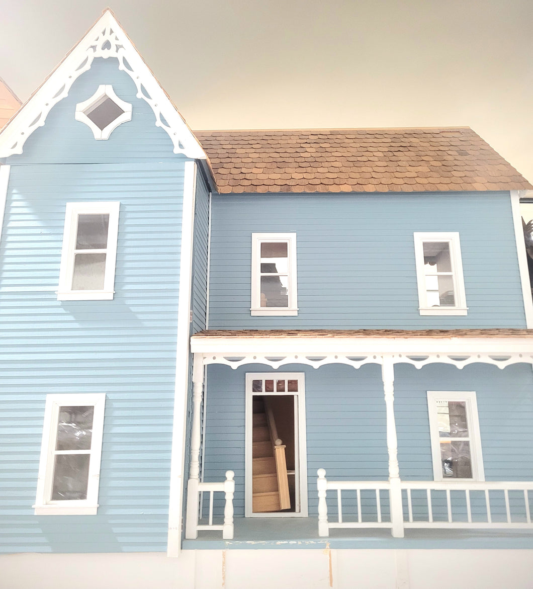 Blue Farmhouse Dollhouse, Partial Front Opening