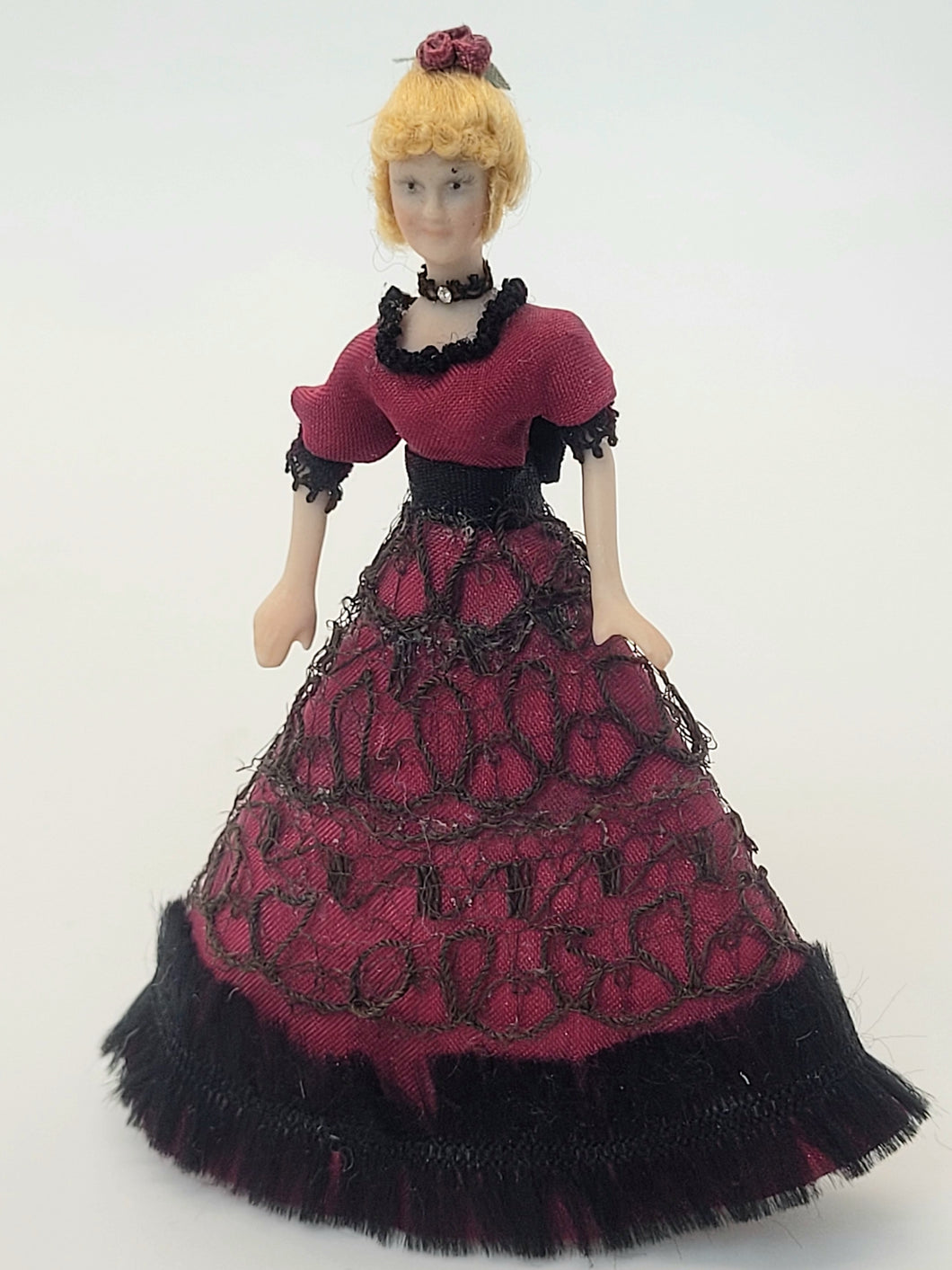 Handmade Doll wearing Red and Black Ballgown