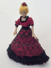Load image into Gallery viewer, Handmade Doll wearing Red and Black Ballgown
