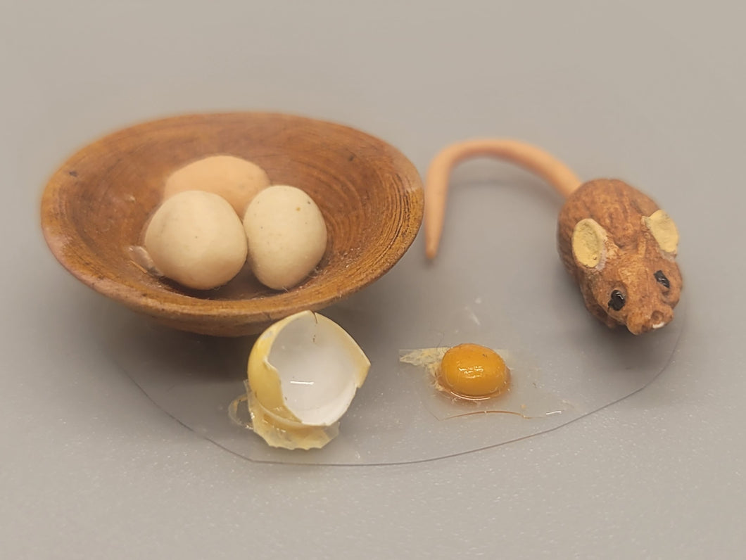 Rat with Eggs in Wooden Bowl
