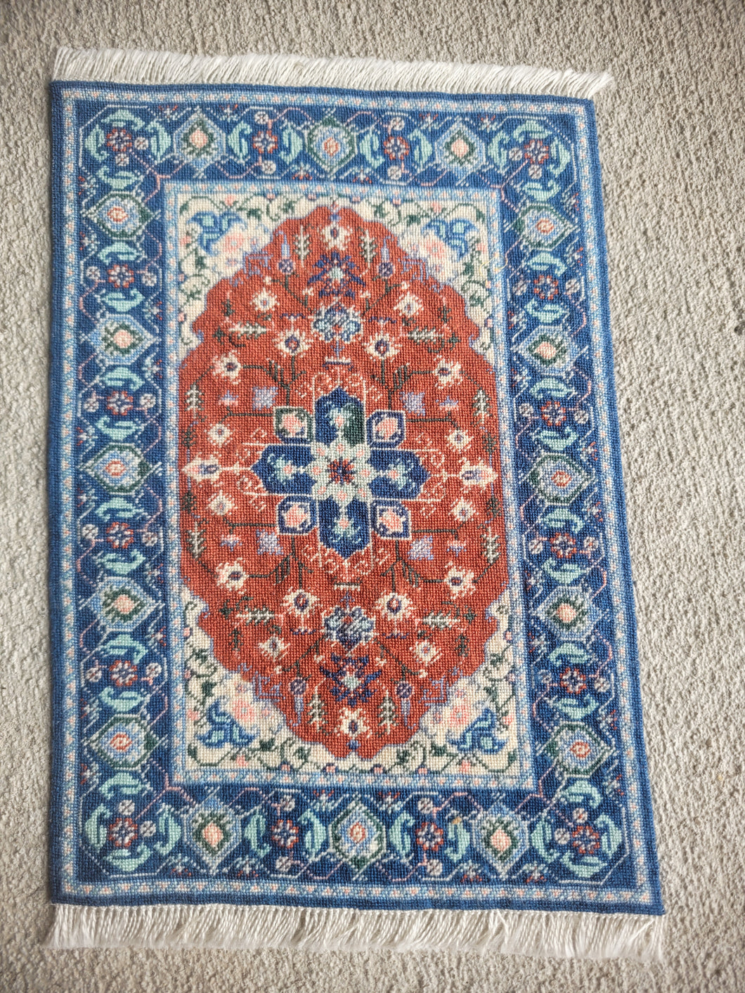 Dollhouse Miniature ~ Petit Point Blue and Red Elegant Rug - Ursula Sauerberg