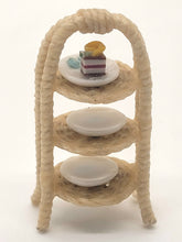 Load image into Gallery viewer, Dollhouse Miniature ~ 1:24 Scale, 3 Tier Wicker Display with Plates and 1 Dessert Cake
