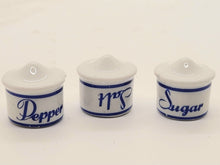 Load image into Gallery viewer, Dollhouse Miniature ~ Salt, Pepper, and Sugar Porcelain Jars - Does Not Open
